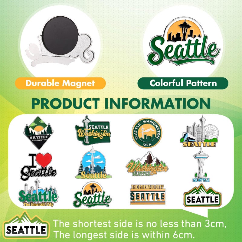 Konohan 12 Pcs Seattle Magnets for Refrigerator Metal Washington Fridge Magnet Magnetic Seattle Souvenirs Gifts USA State Magnetic Us City Refrigerator Stickers, Space Needle - Image 2