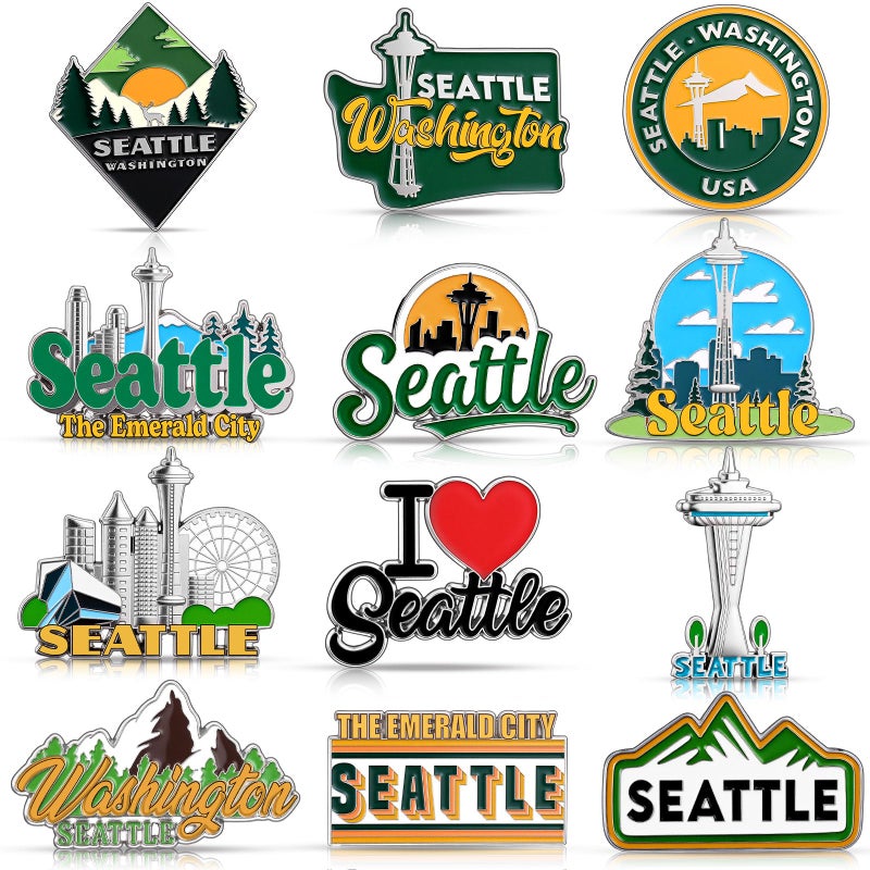 Konohan 12 Pcs Seattle Magnets for Refrigerator Metal Washington Fridge Magnet Magnetic Seattle Souvenirs Gifts USA State Magnetic Us City Refrigerator Stickers, Space Needle - Image 1