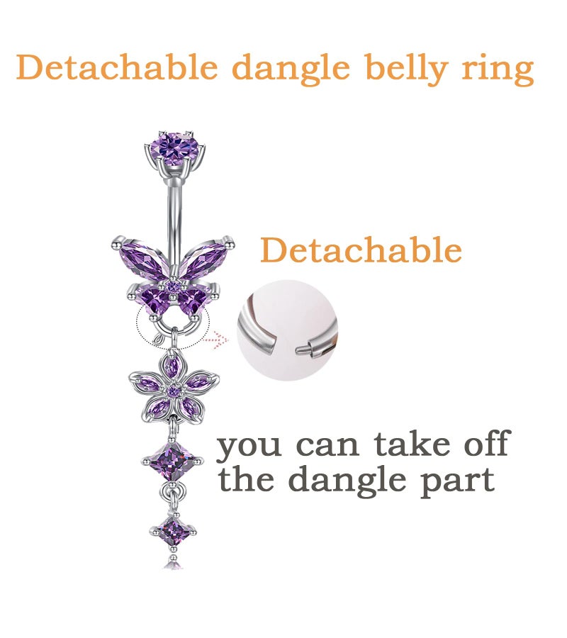 Longita Removable Dangle Belly Button Ring Surgical Steel Hypoallergenic Silver Belly Ring for Women Dangly Navel Piercing Jewelry Dangling Butterfly Flower Trendy Dainty Navel Rings for Women Purple - Image 3