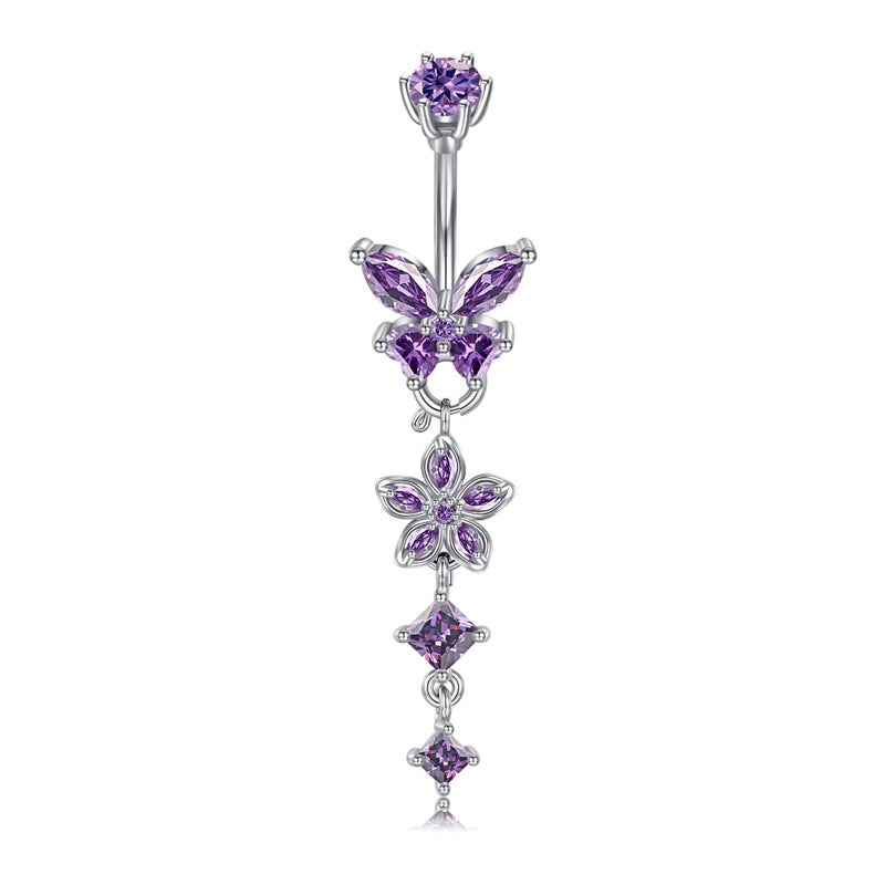 Longita Removable Dangle Belly Button Ring Surgical Steel Hypoallergenic Silver Belly Ring for Women Dangly Navel Piercing Jewelry Dangling Butterfly Flower Trendy Dainty Navel Rings for Women Purple - Image 1