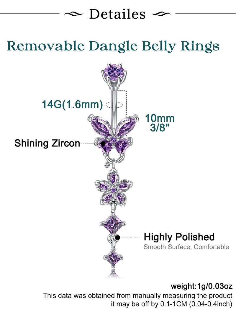 Longita Removable Dangle Belly Button Ring Surgical Steel Hypoallergenic Silver Belly Ring for Women Dangly Navel Piercing Jewelry Dangling Butterfly Flower Trendy Dainty Navel Rings for Women Purple - Image 2