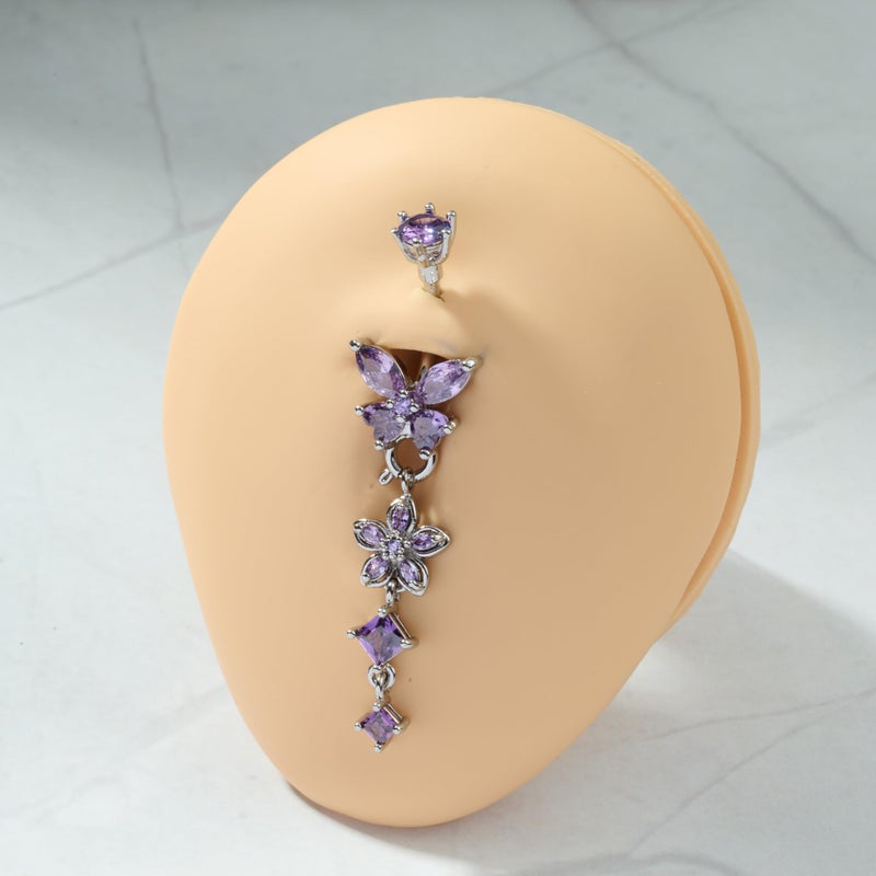 Longita Removable Dangle Belly Button Ring Surgical Steel Hypoallergenic Silver Belly Ring for Women Dangly Navel Piercing Jewelry Dangling Butterfly Flower Trendy Dainty Navel Rings for Women Purple - Image 4