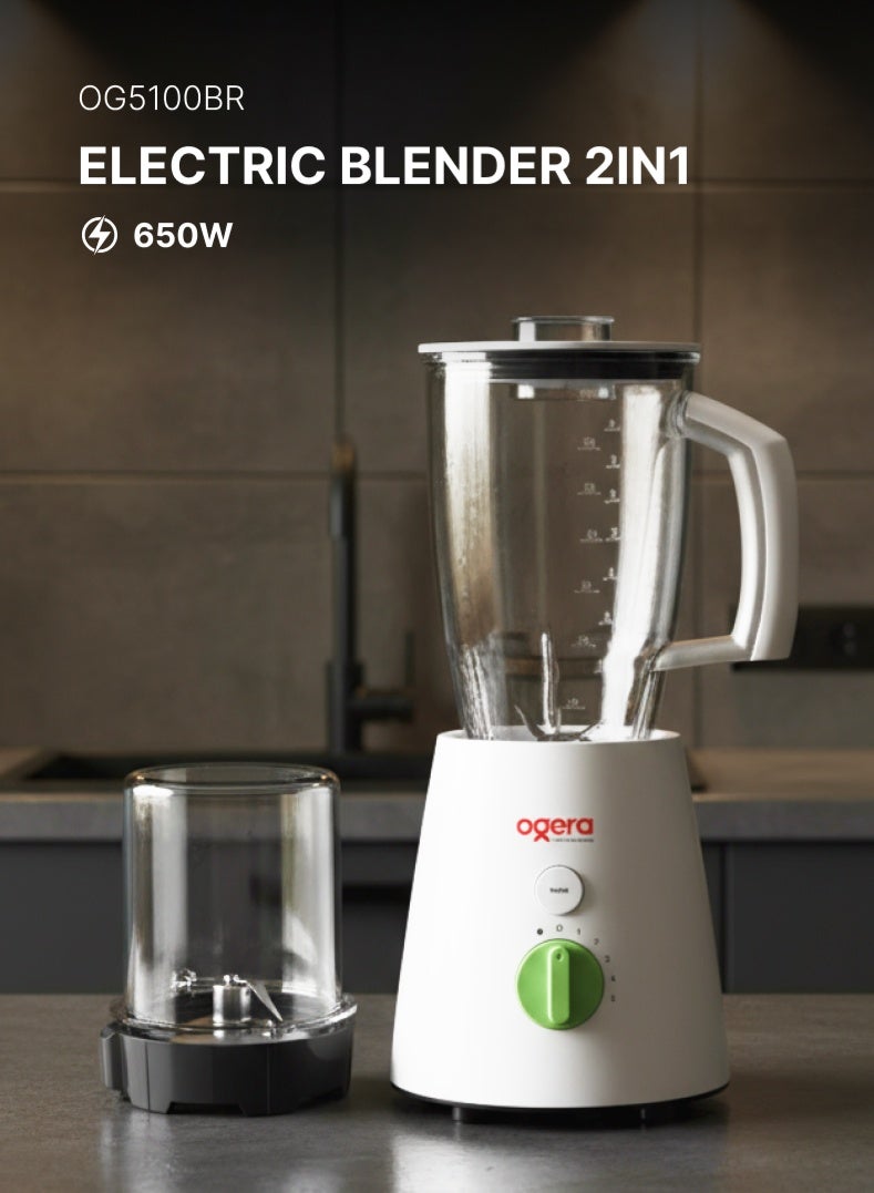 أوجيرا خلاط كهربائي عالي السرعة ٢ في ١ مع وعاء طحن، محرك قوي ٦٥٠ واط، تحكم بخمس سرعات وتسريع توربو | وعاء غير قابل للكسر سعة ٢ لتر، شفرات من الفولاذ المقاوم للصدأ، معالج طعام متعدد الوظائف للعصر والطحن | حماية من الحرارة الزائدة | ضمان لمدة عامين - Image 1