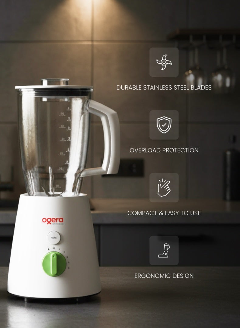 أوجيرا خلاط كهربائي عالي السرعة ٢ في ١ مع وعاء طحن، محرك قوي ٦٥٠ واط، تحكم بخمس سرعات وتسريع توربو | وعاء غير قابل للكسر سعة ٢ لتر، شفرات من الفولاذ المقاوم للصدأ، معالج طعام متعدد الوظائف للعصر والطحن | حماية من الحرارة الزائدة | ضمان لمدة عامين - Image 5