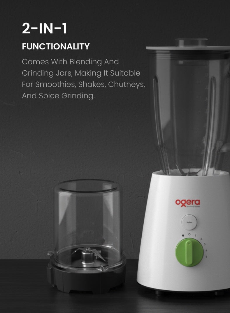 أوجيرا خلاط كهربائي عالي السرعة ٢ في ١ مع وعاء طحن، محرك قوي ٦٥٠ واط، تحكم بخمس سرعات وتسريع توربو | وعاء غير قابل للكسر سعة ٢ لتر، شفرات من الفولاذ المقاوم للصدأ، معالج طعام متعدد الوظائف للعصر والطحن | حماية من الحرارة الزائدة | ضمان لمدة عامين - Image 3
