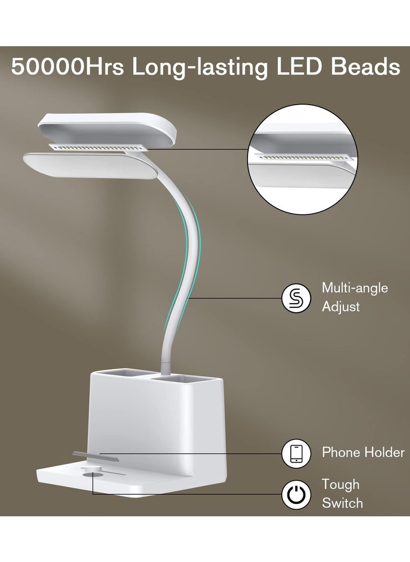 الروهيت - مصباح مكتبي ، مصباح طاولة LED لإضاءة المكاتب المنزلية ، مصباح دراسة 3 أوضاع ، ضوء مكتب قابل للتعتيم ، مع منفذ شحن USB قابل لإعادة الشحن وحامل قلم ، أبيض - Image 1