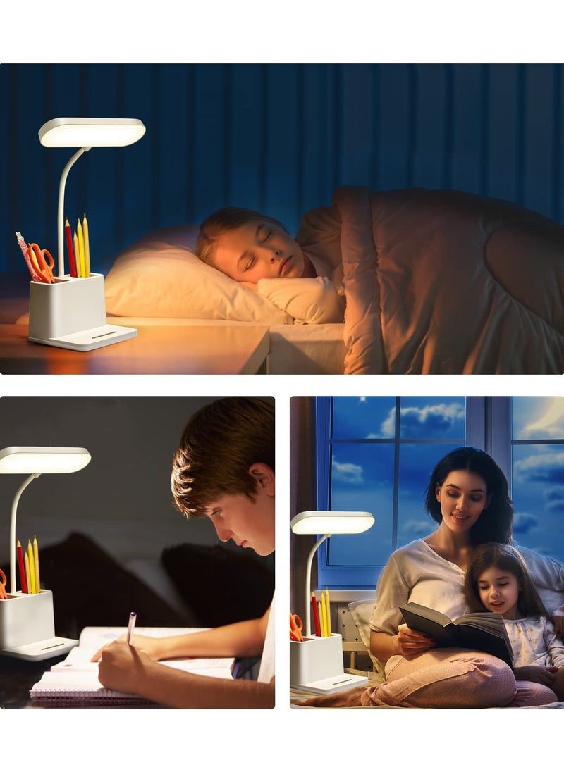 الروهيت - مصباح مكتبي ، مصباح طاولة LED لإضاءة المكاتب المنزلية ، مصباح دراسة 3 أوضاع ، ضوء مكتب قابل للتعتيم ، مع منفذ شحن USB قابل لإعادة الشحن وحامل قلم ، أبيض - Image 1