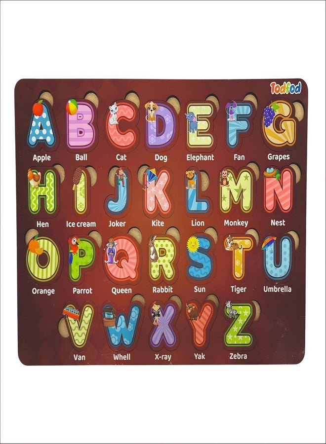 TodFod Wooden Alphabet Puzzle Board for Kids | ABC Learning Toy with Knobs, A-Z Letter Recognition & Picture Matching, Montessori Educational Board for Toddlers Age 2-5 Years - Image 1