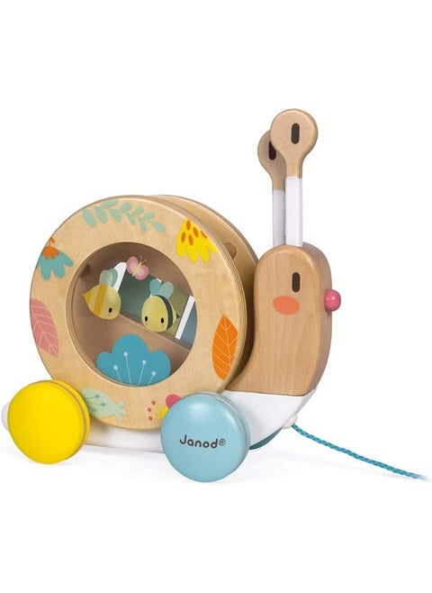 Wooden Pure Pull-Along Snail - Wooden Toy With Xylophone And Tambourine With Water Based Paint, From Age 1 Year Old