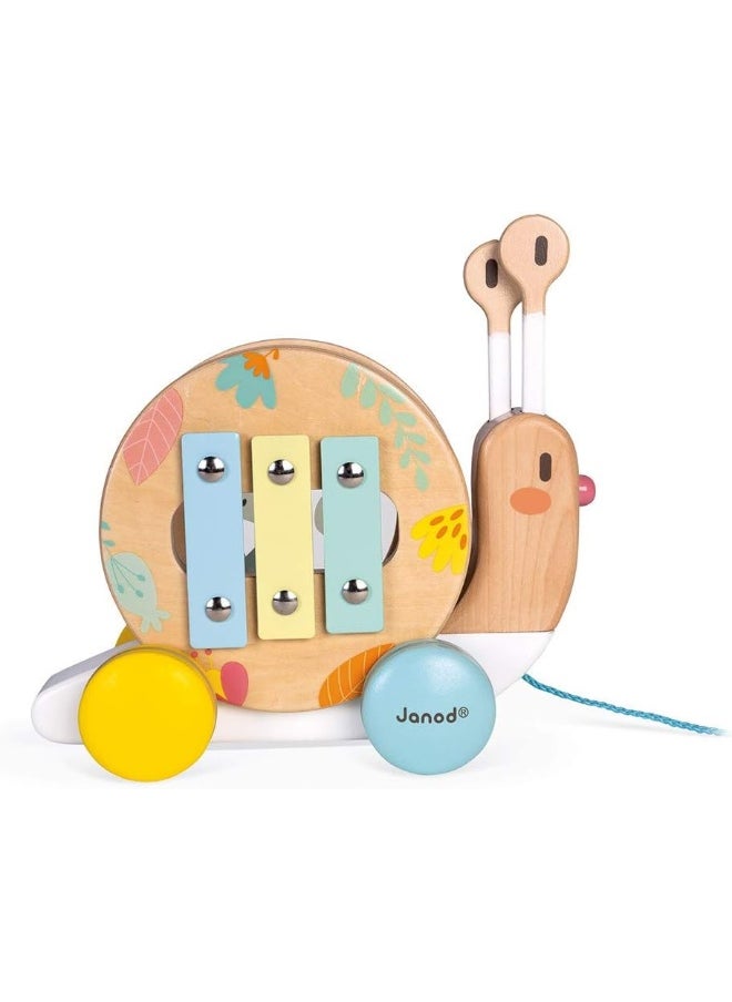 Wooden Pure Pull-Along Snail - Wooden Toy With Xylophone And Tambourine With Water Based Paint, From Age 1 Year Old