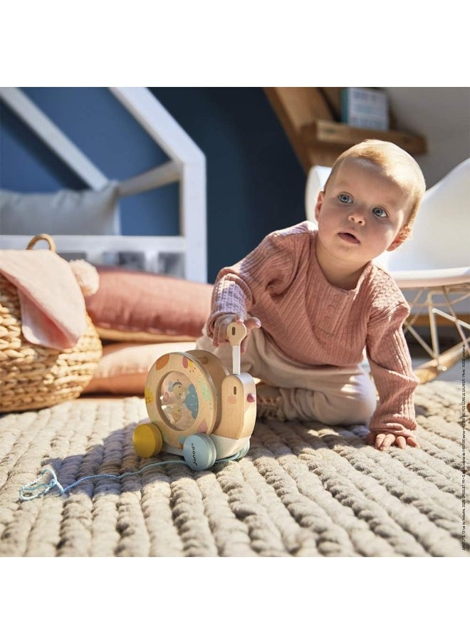 Wooden Pure Pull-Along Snail - Wooden Toy With Xylophone And Tambourine With Water Based Paint, From Age 1 Year Old
