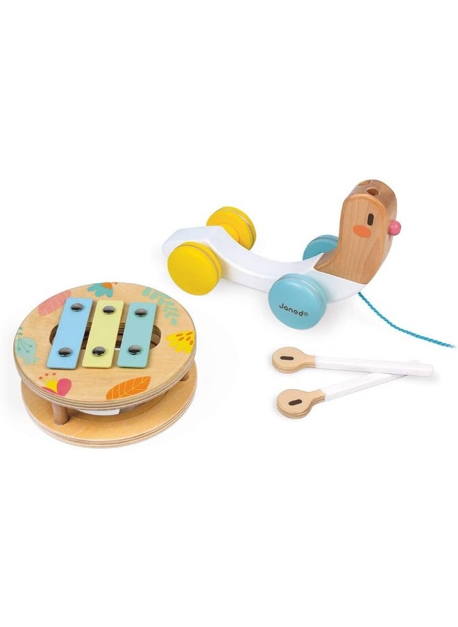 Wooden Pure Pull-Along Snail - Wooden Toy With Xylophone And Tambourine With Water Based Paint, From Age 1 Year Old