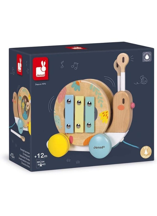Wooden Pure Pull-Along Snail - Wooden Toy With Xylophone And Tambourine With Water Based Paint, From Age 1 Year Old