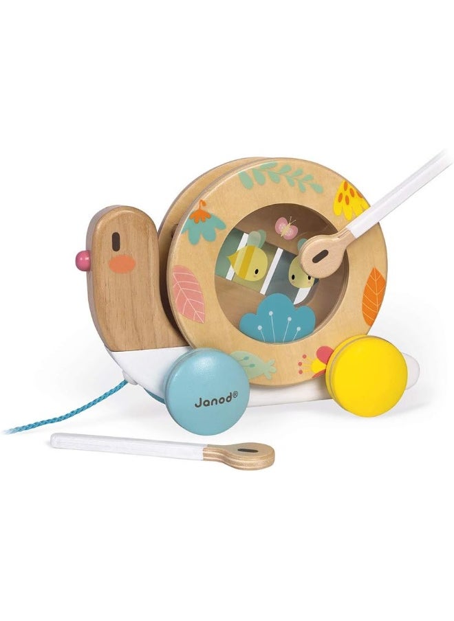 Wooden Pure Pull-Along Snail - Wooden Toy With Xylophone And Tambourine With Water Based Paint, From Age 1 Year Old