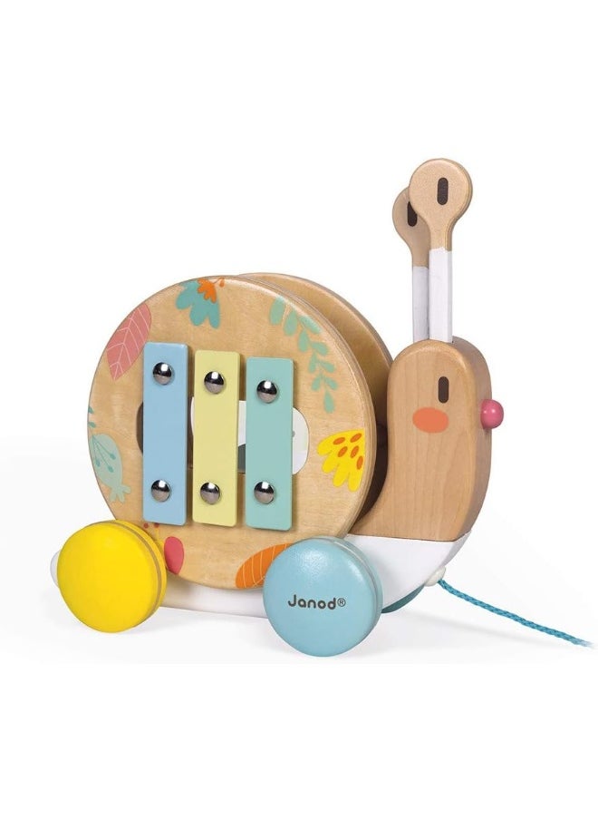 Wooden Pure Pull-Along Snail - Wooden Toy With Xylophone And Tambourine With Water Based Paint, From Age 1 Year Old