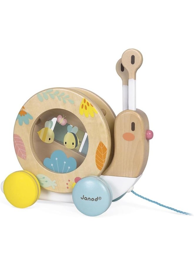 Wooden Pure Pull-Along Snail - Wooden Toy With Xylophone And Tambourine With Water Based Paint, From Age 1 Year Old