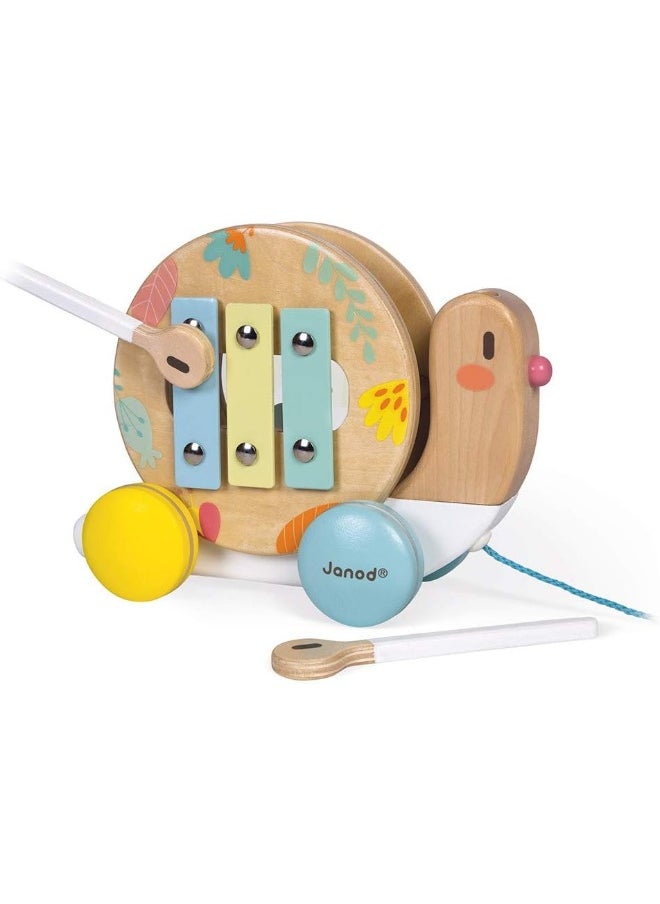 Wooden Pure Pull-Along Snail - Wooden Toy With Xylophone And Tambourine With Water Based Paint, From Age 1 Year Old