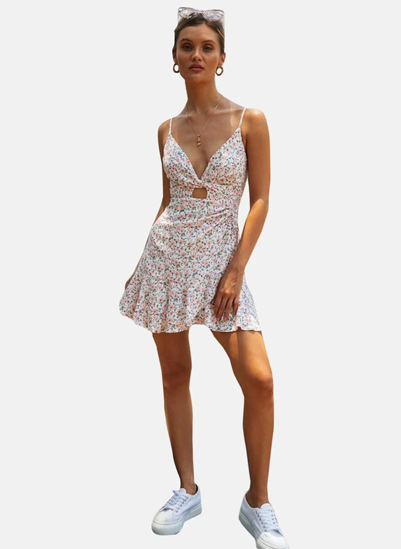 يونيكي White V Neck Floral Print Fit & Flared Dress