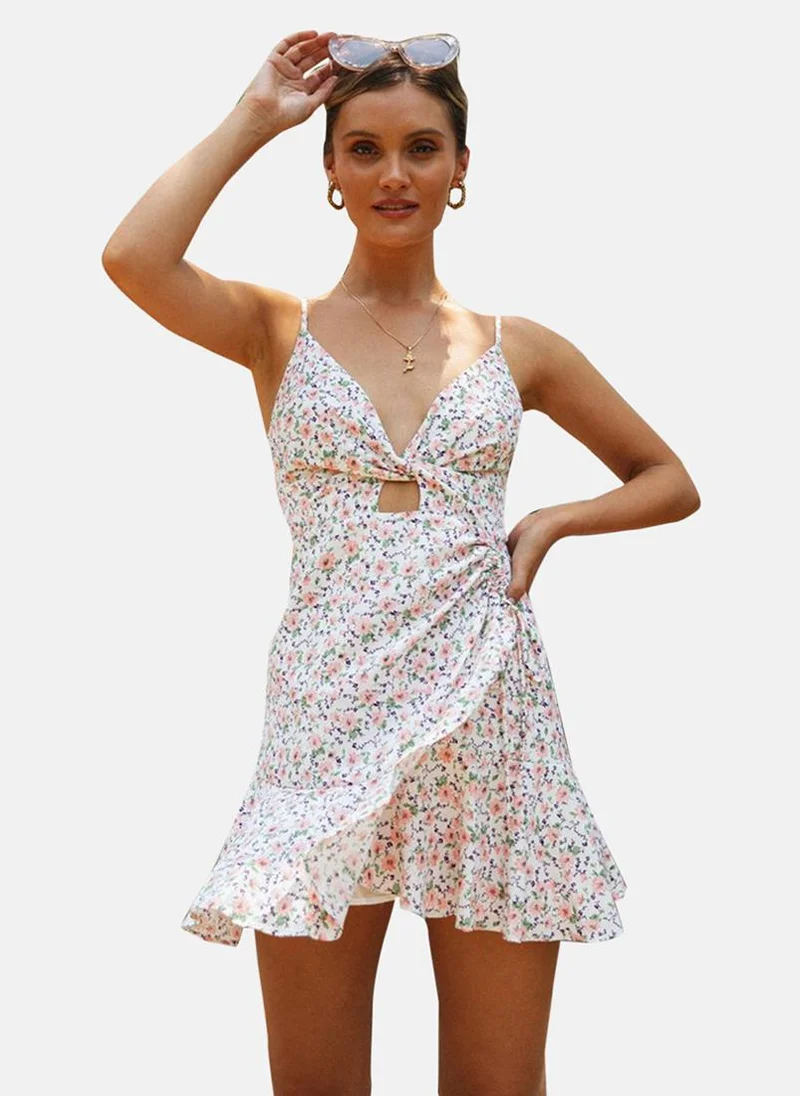 YUNIQEE White V Neck Floral Print Fit & Flared Dress