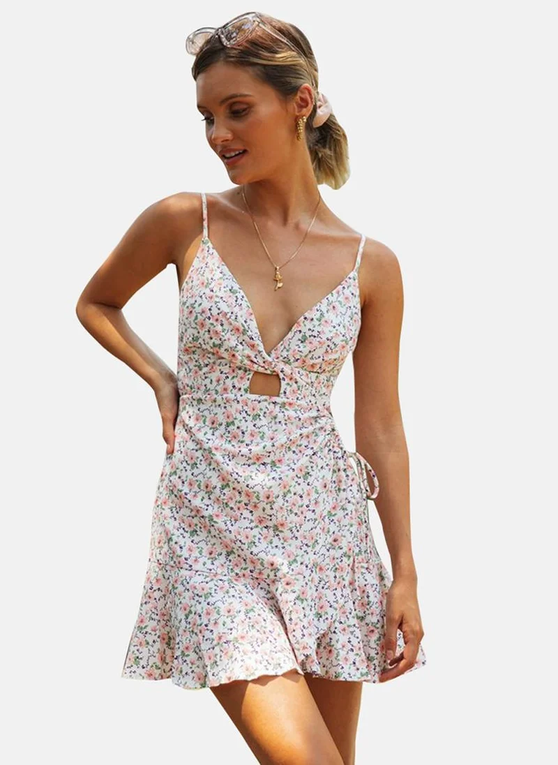 يونيكي White V Neck Floral Print Fit & Flared Dress