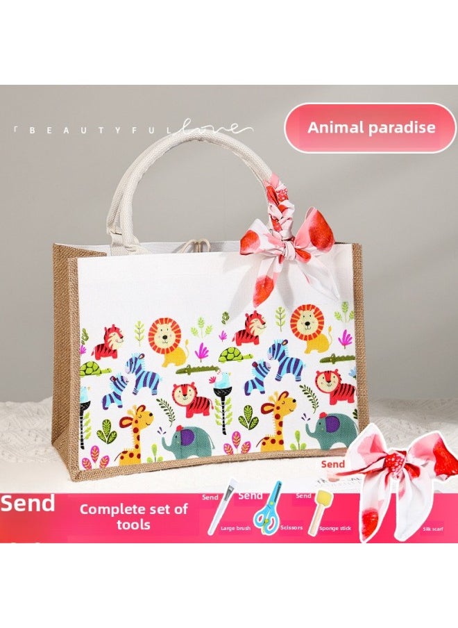 Generic - Butterfly Ancient Bart Material Bag Diy Mother's Day Canvas Bag Children's Handmade Creative Linen Bag Group Building Activity Gift-Color:Vertical Style [animal Paradise] Comes With A Full Set Of Tools + Detailed Tutorials - Image 1