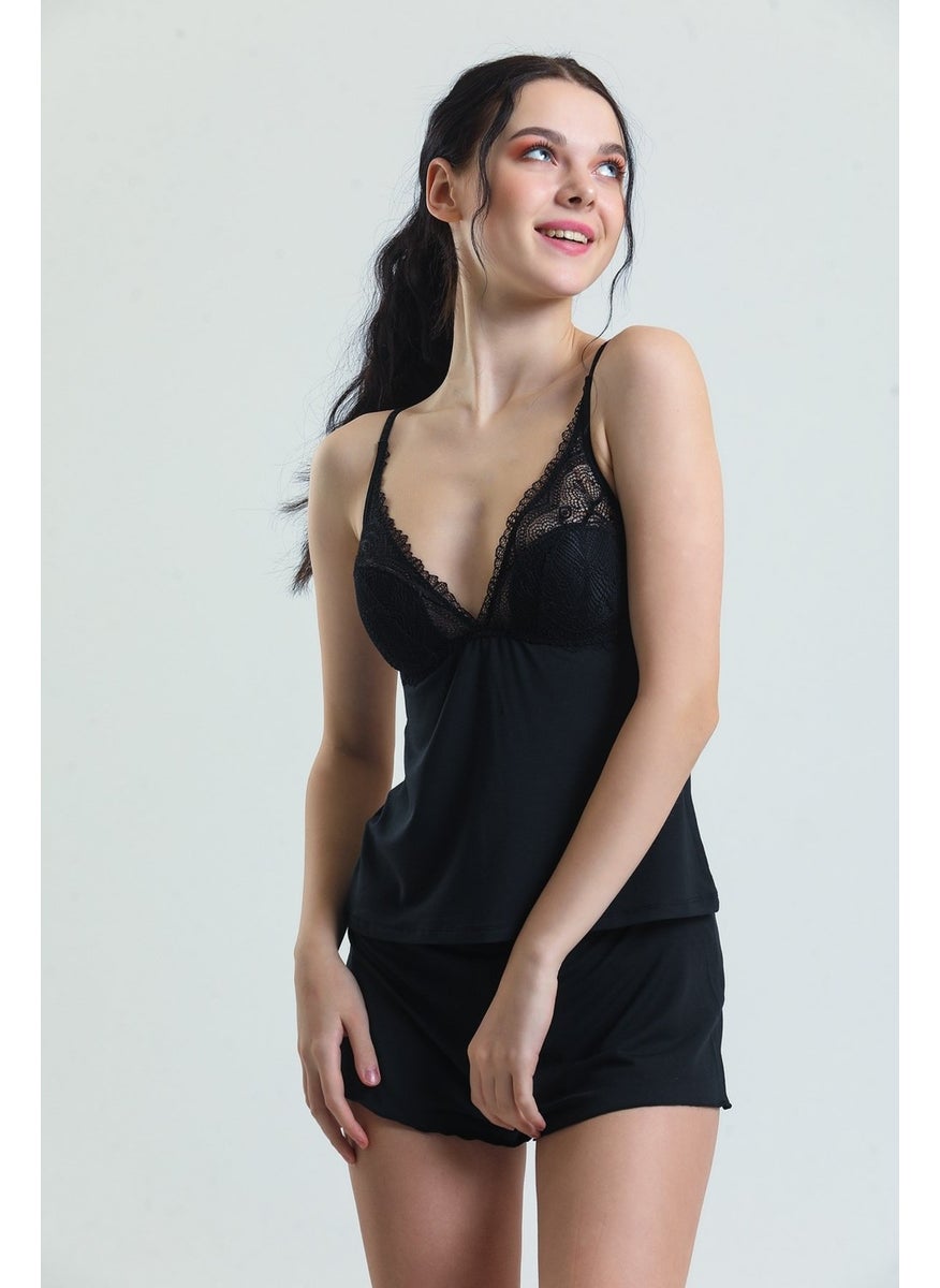 Magic Form 17378 Women's Lace Modal Rope Suspended Shorts Set-Black  - Image 1