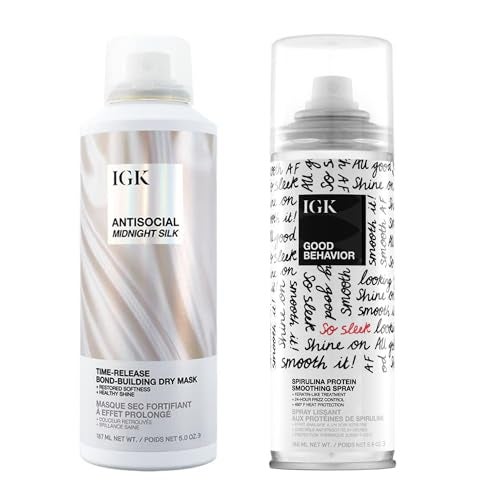 IGK Hair Treatment Full Size Set Antisocial Dry Hair Mask Good Behavior Spirulina Spray Overnight BondBuilding Keratin Like Smoothing Spray Set of 2 New and Improved Scent - Image 1