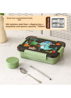 Generic Factory Direct 304 Stainless Steel Lunch Box Cartoon Student Lunch Box Can Enter The Microwave Oven Sealed Compartment Lunch Box-Specifications:Green Music Dragon [with Chopsticks And Spoons + Sauce Dish]-Color:1000ml Three Grids  - Image 1
