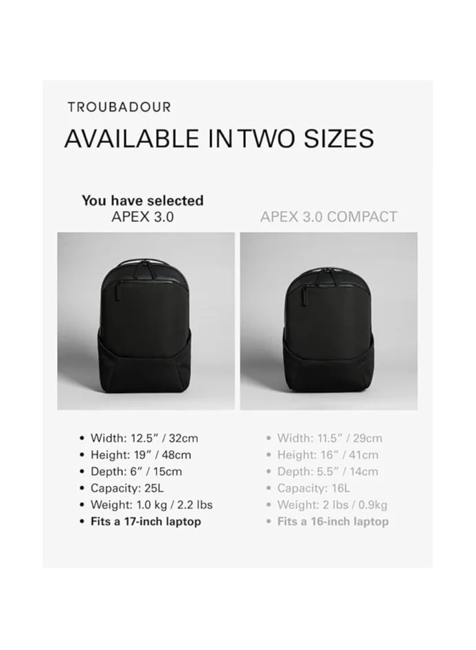 Troubadour Troubadour Apex Backpack 3.0 Premium Versatile Backpack Made of Lightweight, Waterproof Great for Travel, Work, the Gym, Sports, Black