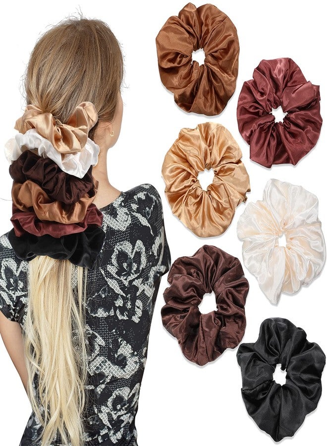 Chuangdi 6 Pieces Big Satin Scrunchies for Women, Jumbo Silk Scrunchies Thick Elastic Jumbo Hair Tie(White, Red Brown, Black, Light Coffee, Dark Coffee, Brown) - Image 1