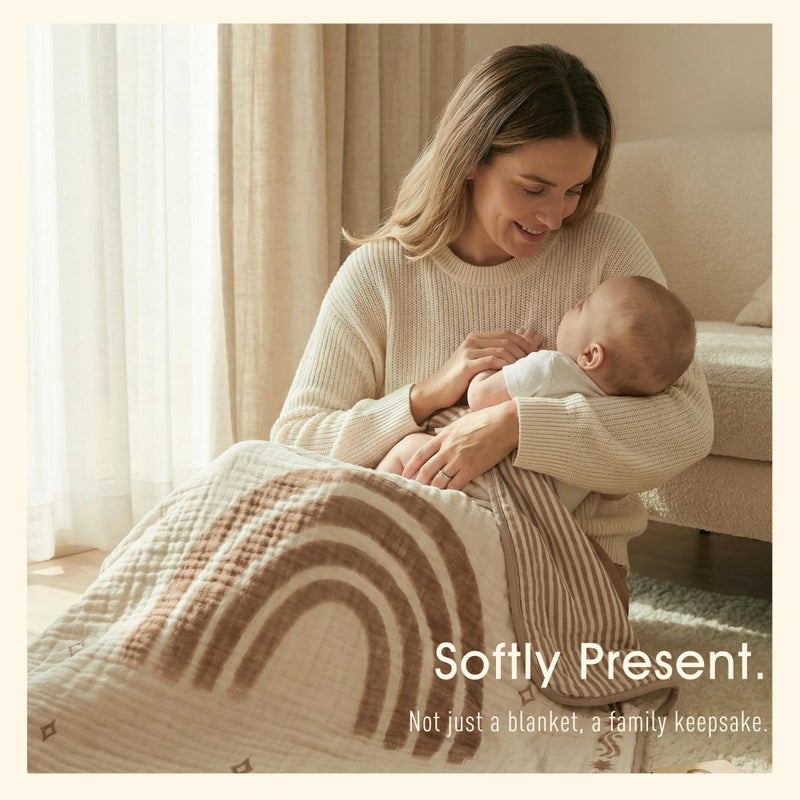 HardNok Ultra Soft Muslin Baby Blanket - Made with Organic Cotton, Reversible Rainbow Print & Coffee Striped Jacquard, Swaddle & Crib Quilt, 43x43 Inches (Rainbow Border) - Image 5
