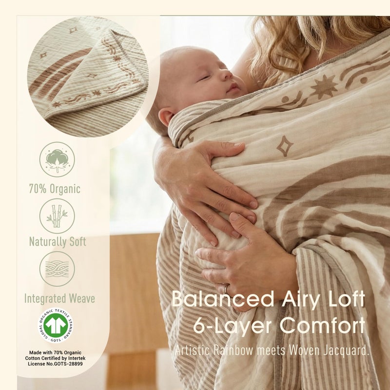 HardNok Ultra Soft Muslin Baby Blanket - Made with Organic Cotton, Reversible Rainbow Print & Coffee Striped Jacquard, Swaddle & Crib Quilt, 43x43 Inches (Rainbow Border) - Image 3