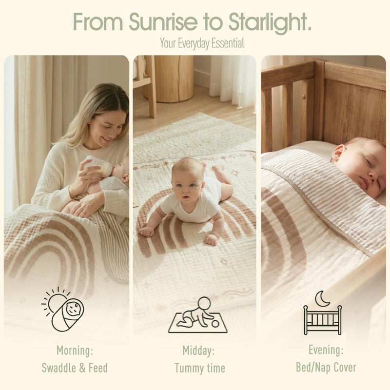 HardNok Ultra Soft Muslin Baby Blanket - Made with Organic Cotton, Reversible Rainbow Print & Coffee Striped Jacquard, Swaddle & Crib Quilt, 43x43 Inches (Rainbow Border) - Image 4