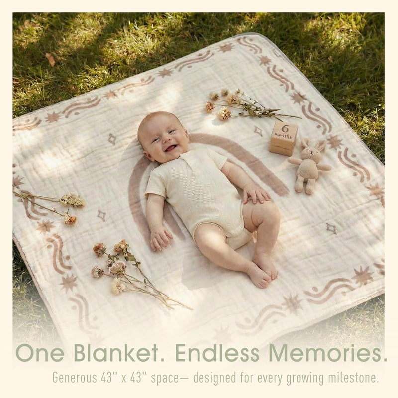 HardNok Ultra Soft Muslin Baby Blanket - Made with Organic Cotton, Reversible Rainbow Print & Coffee Striped Jacquard, Swaddle & Crib Quilt, 43x43 Inches (Rainbow Border) - Image 2