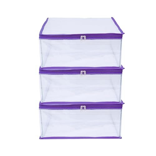 MBW Fabric Clothes Organiser for Wardrobe, Saree Covers with zip, Saree Organizer for Wardrobe, Clothes Storage Bag, Saree Covers for Storage, Transparent (Purple - Pack of 3, 25 cm, 35 cm) - Image 1
