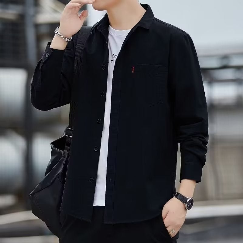 Manufacturer Wholesale 2024 Mens Long-Sleeved Casual Work Shirts Spring and Autumn Versatile Jackets Mens Bottoming Shirts Trendy Black high quality
