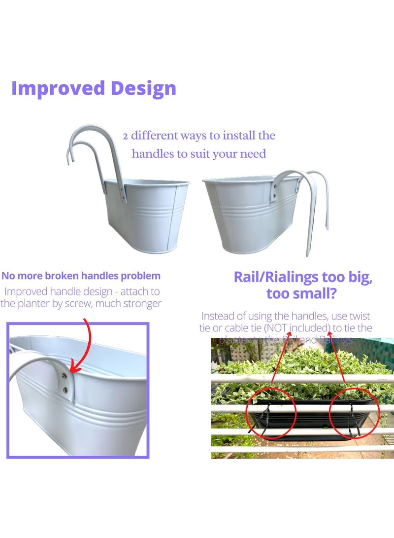 GOGOGO Rail Planters for Outdoor (2 Pack, 11.2 Inch) White Metal Iron Hanging Flower Pots, Strawberry Planter Deck Railing Fence Bucket Wall Mount Window Box Plant Holder with Hooks Porch Decor - Image 2