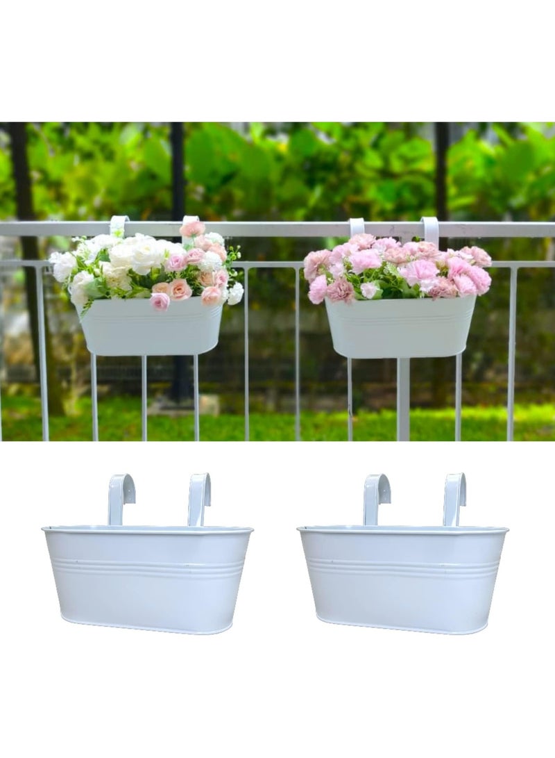 GOGOGO Rail Planters for Outdoor (2 Pack, 11.2 Inch) White Metal Iron Hanging Flower Pots, Strawberry Planter Deck Railing Fence Bucket Wall Mount Window Box Plant Holder with Hooks Porch Decor - Image 1