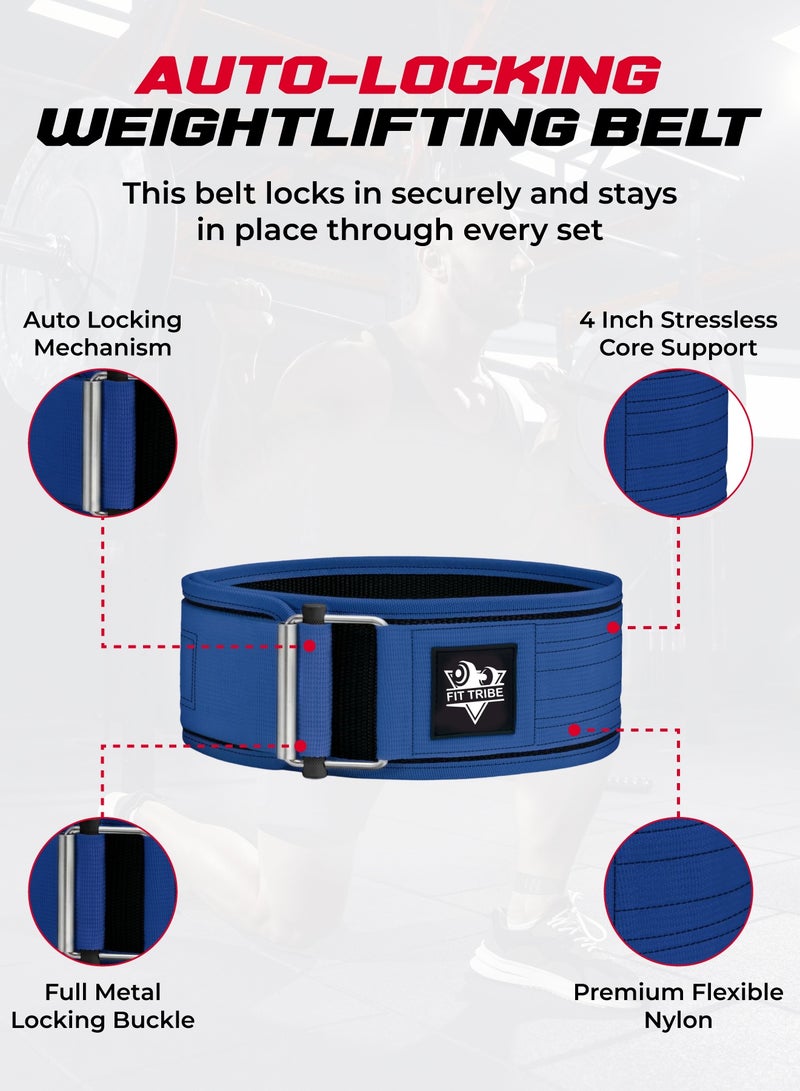 FIT TRIBE Weight Lifting Belt, Self-Locking Adjustable Gym Belt, Powerlifting & Strength Training Lumbar Support, Durable Nylon Belt for Men & Women Fitness Workouts (Blue) - Image 2