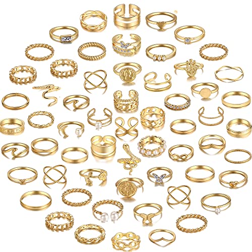 YEEZII 68 Pcs Gold Knuckle Rings Set for Women, Stackable Boho Joint Finger Midi Rings Silver Hollow Carved Crystal Stacking Ring Pack - Image 1
