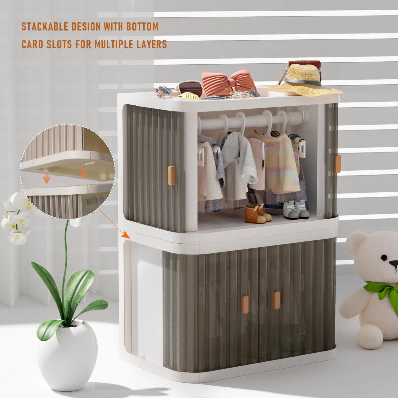 Creproly Doll Wardrobe Storage Box, Foldable Doll Closet with 10 Hangers and Rod for 15/17cm Doll Clothes Stackable Organizer Cabinet with Dust-Resistant Cover and Display Shelf (Transparent Grey) - Image 5