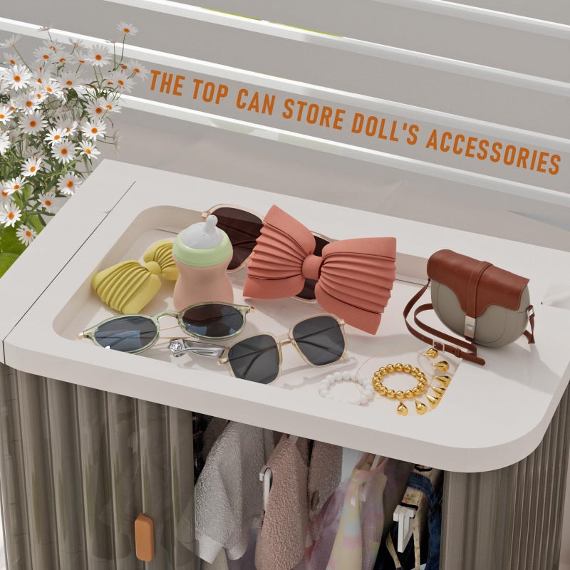 Creproly Doll Wardrobe Storage Box, Foldable Doll Closet with 10 Hangers and Rod for 15/17cm Doll Clothes Stackable Organizer Cabinet with Dust-Resistant Cover and Display Shelf (Transparent Grey) - Image 4