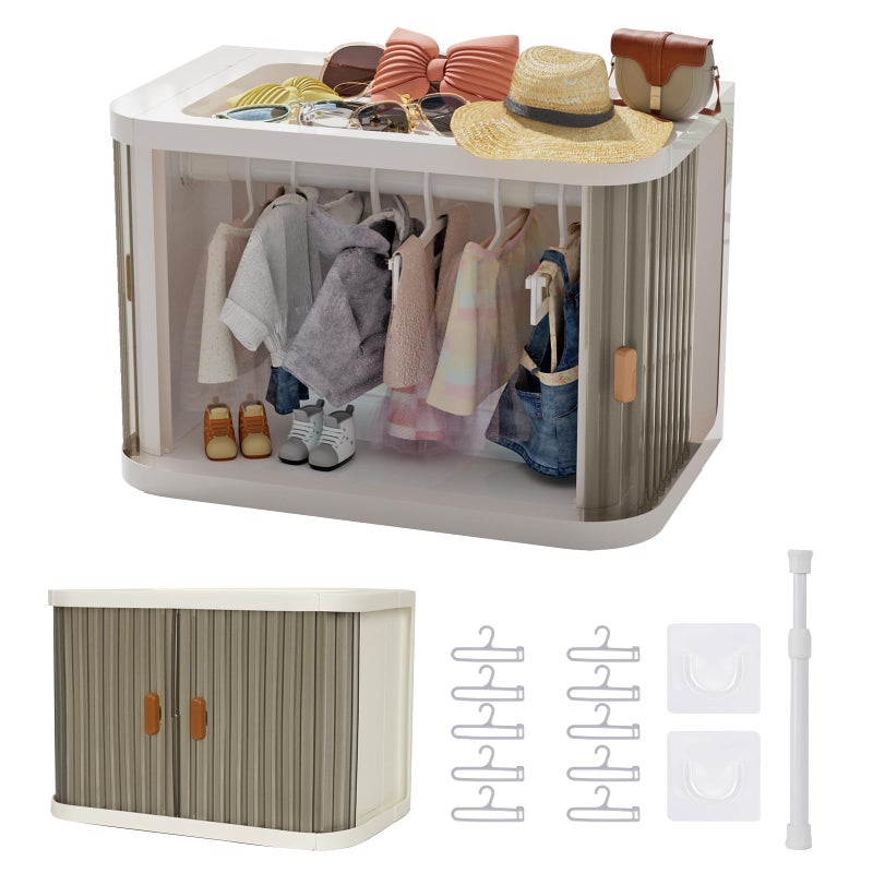 Creproly Doll Wardrobe Storage Box, Foldable Doll Closet with 10 Hangers and Rod for 15/17cm Doll Clothes Stackable Organizer Cabinet with Dust-Resistant Cover and Display Shelf (Transparent Grey) - Image 1