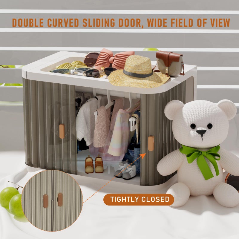 Creproly Doll Wardrobe Storage Box, Foldable Doll Closet with 10 Hangers and Rod for 15/17cm Doll Clothes Stackable Organizer Cabinet with Dust-Resistant Cover and Display Shelf (Transparent Grey) - Image 3