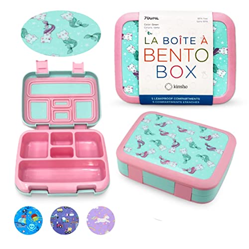 Kinsho Bento Lunch Box for Kids Toddlers, 5 Portion Control Sections, BPA Free Removable Plastic Tray, Pre-School Kid Toddler Daycare Lunches, Snack Container Ages 3 to 7 (Aqua Cat Mermaid) - Image 1
