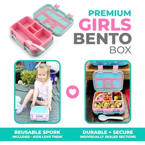 Kinsho Bento Lunch Box for Kids Toddlers, 5 Portion Control Sections, BPA Free Removable Plastic Tray, Pre-School Kid Toddler Daycare Lunches, Snack Container Ages 3 to 7 (Aqua Cat Mermaid) - Image 2