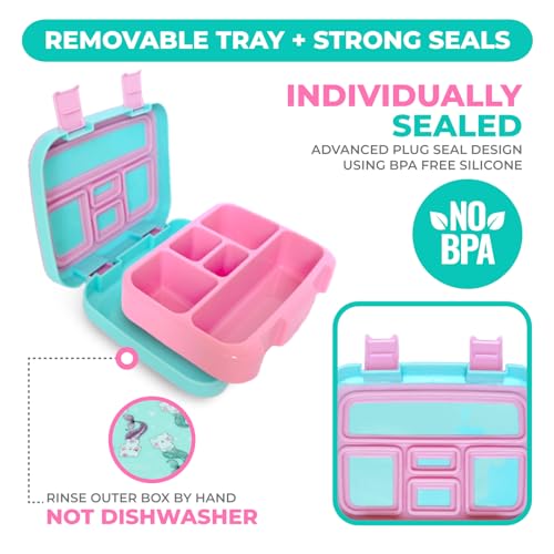 Kinsho Bento Lunch Box for Kids Toddlers, 5 Portion Control Sections, BPA Free Removable Plastic Tray, Pre-School Kid Toddler Daycare Lunches, Snack Container Ages 3 to 7 (Aqua Cat Mermaid) - Image 4