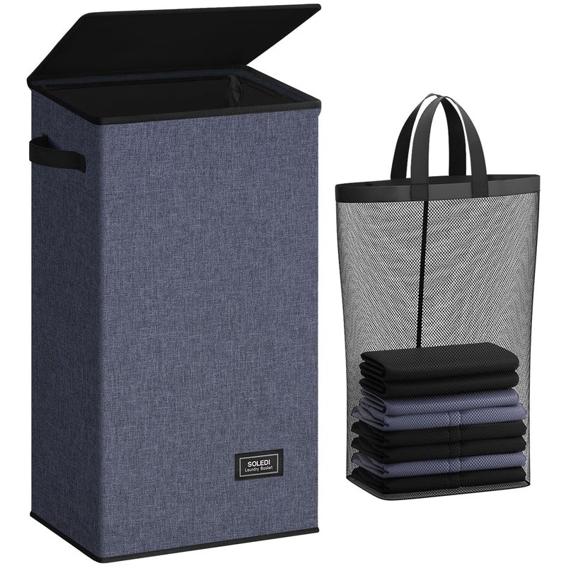 SOLEDI Laundry Hamper with Lid 100L Large  Tall Collapsible Laundry Basket Clothes Hamper with Bag Removable Easy to Carry Dirty Hampers for Bedroom Bathroom Dorm College Navy Blue