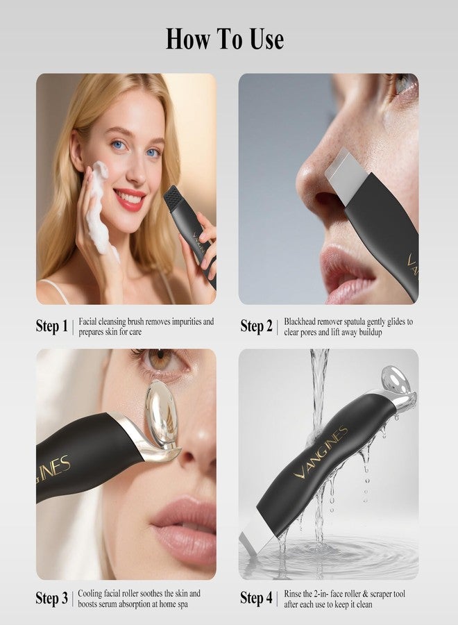 Vangines Blackhead Remover Tool with Ice Roller, Stainless Steel Face Scraper, Skin Scrubber Face Spatula for Deep Cleansing, 3-in-1 Skin Care Tool with 2 Silicone Brush Heads (Charcoal Black) - Image 4