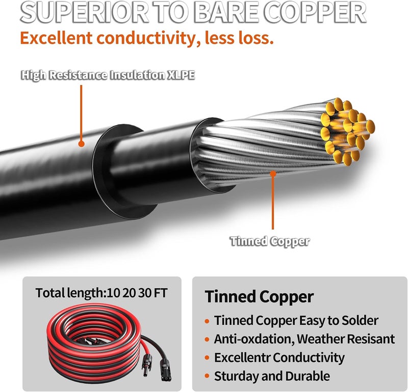 energeaster 10AWG Solar Extension Cable with Pair of Connectors Solar Panel Adaptor Kit Tool, mc4 Extension Cable,10 Gauge Wire,Red and Black(10FT Red + 10FT Black) - Image 2